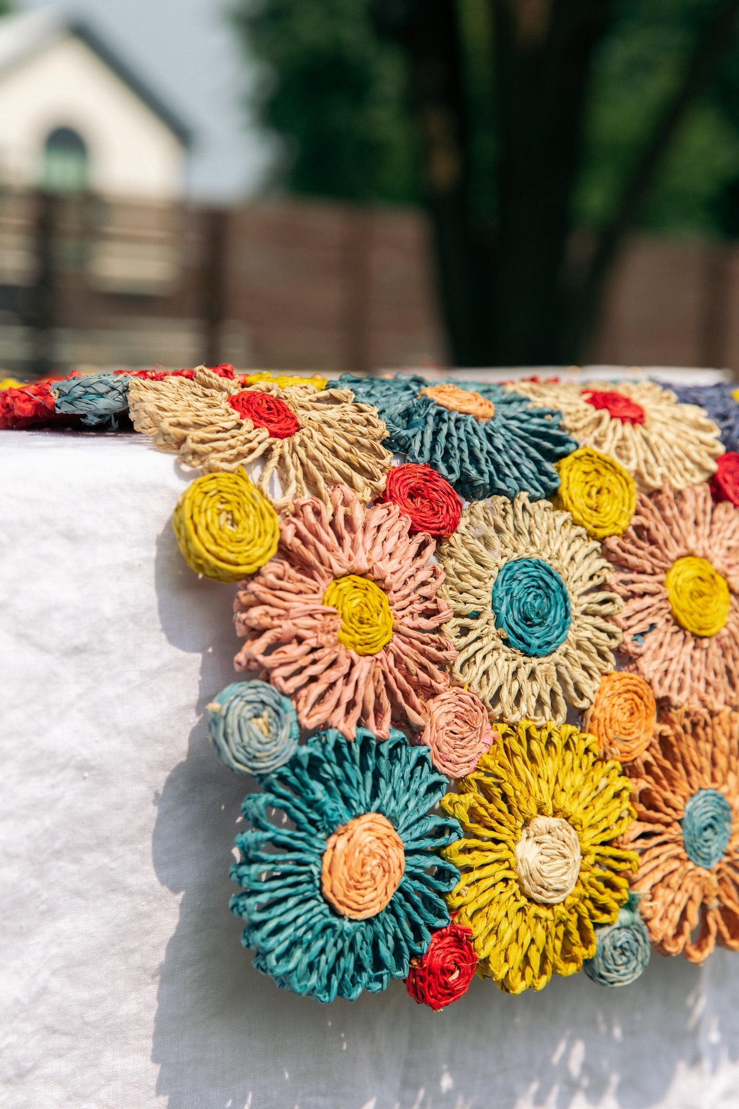 Fleur Raffia Flower Table Runner, Multicolor Flowers Woven Tabletop - Tampa Home & Garden Store