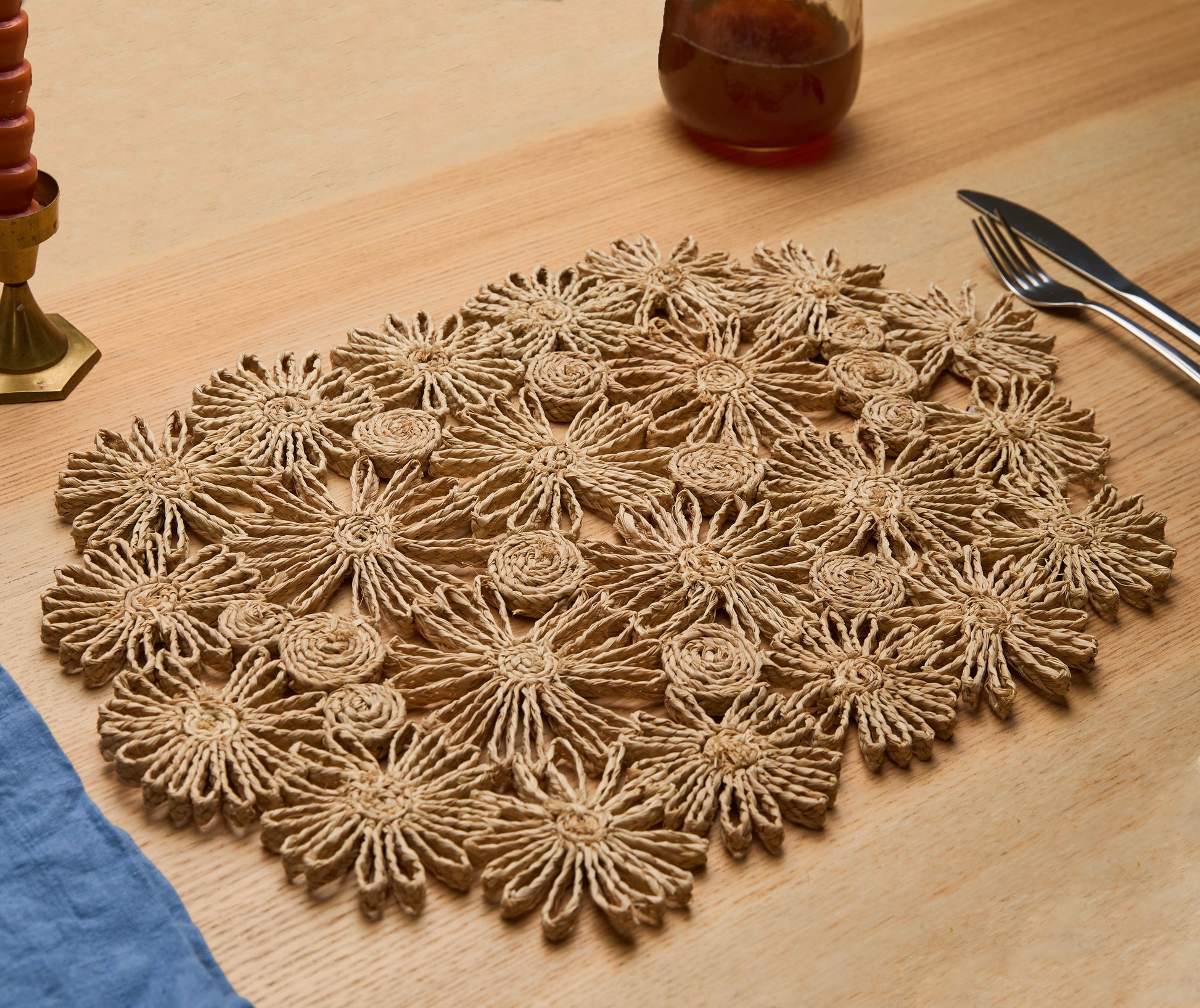 Fleur Raffia Placemat, Natural Color Flowers Woven Tabletop - Tampa Home & Garden Store