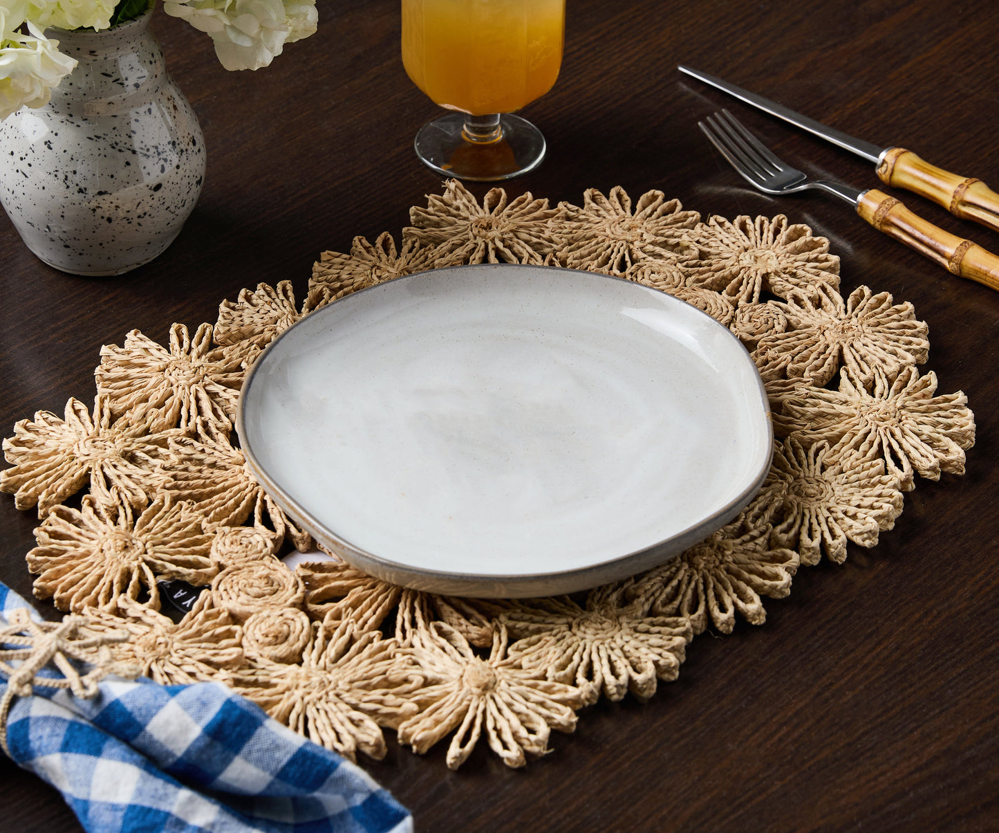 Fleur Raffia Placemat, Natural Color Flowers Woven Tabletop - Tampa Home & Garden Store
