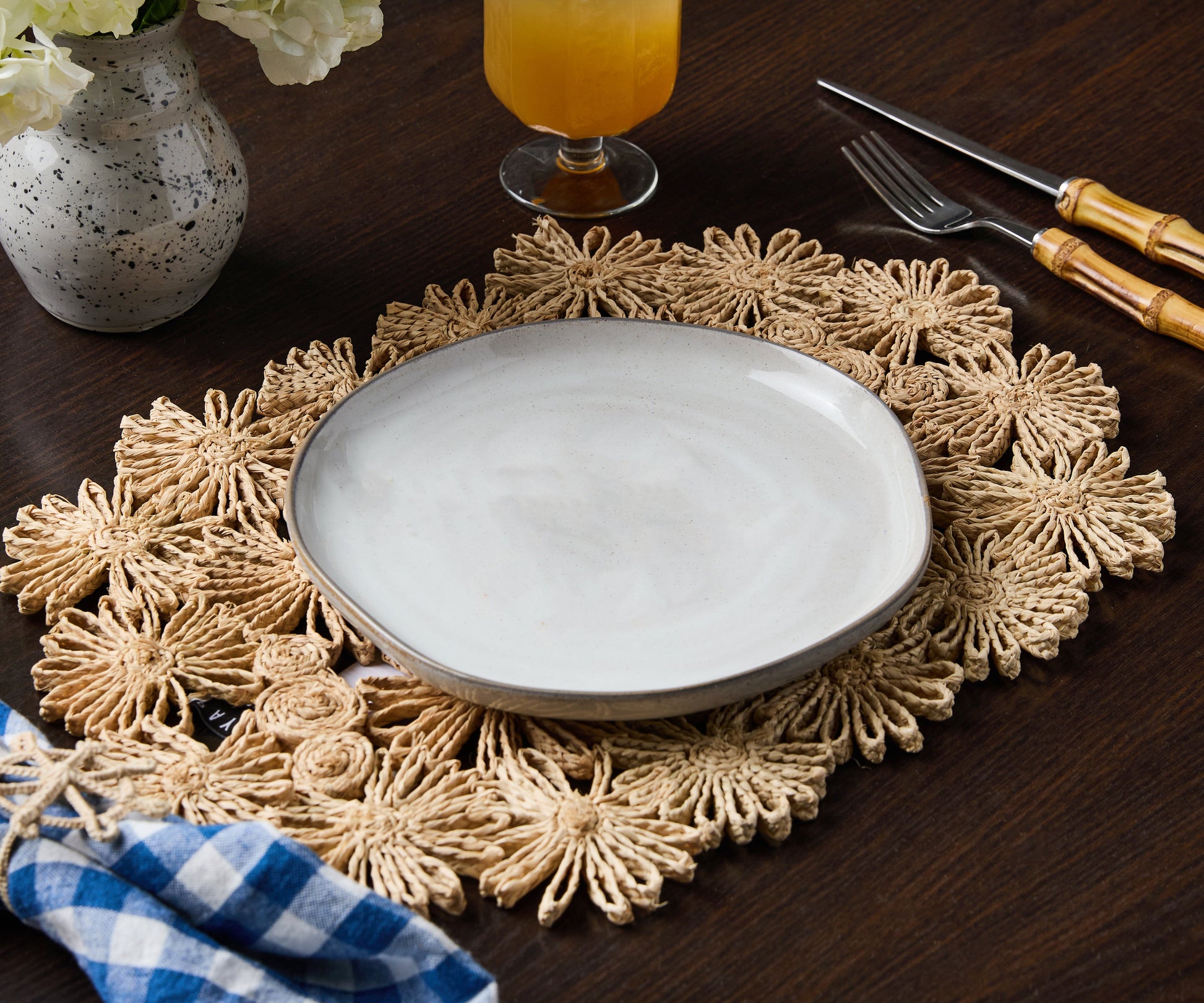 Fleur Raffia Placemat, Natural Color Flowers Woven Tabletop - Tampa Home & Garden Store
