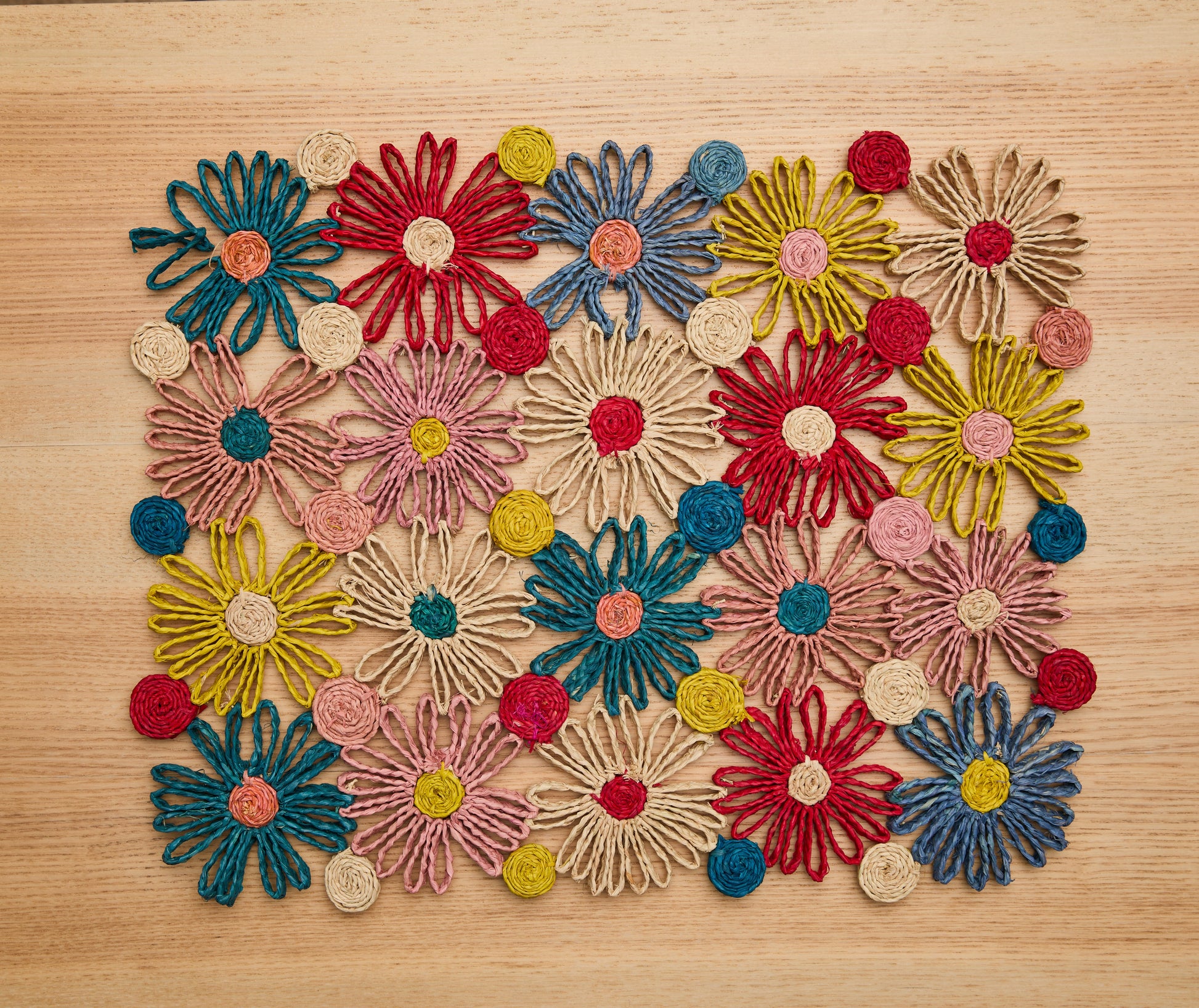 Fleur Raffia placemat, Multicolor Flowers woven tabletop - Tampa Home & Garden Store