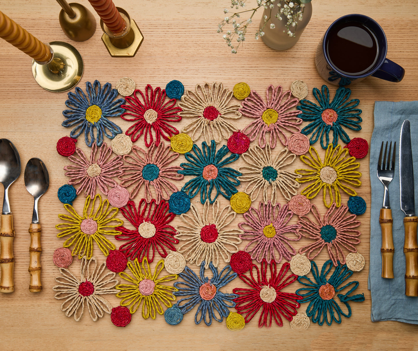 Fleur Raffia placemat, Multicolor Flowers woven tabletop - Tampa Home & Garden Store