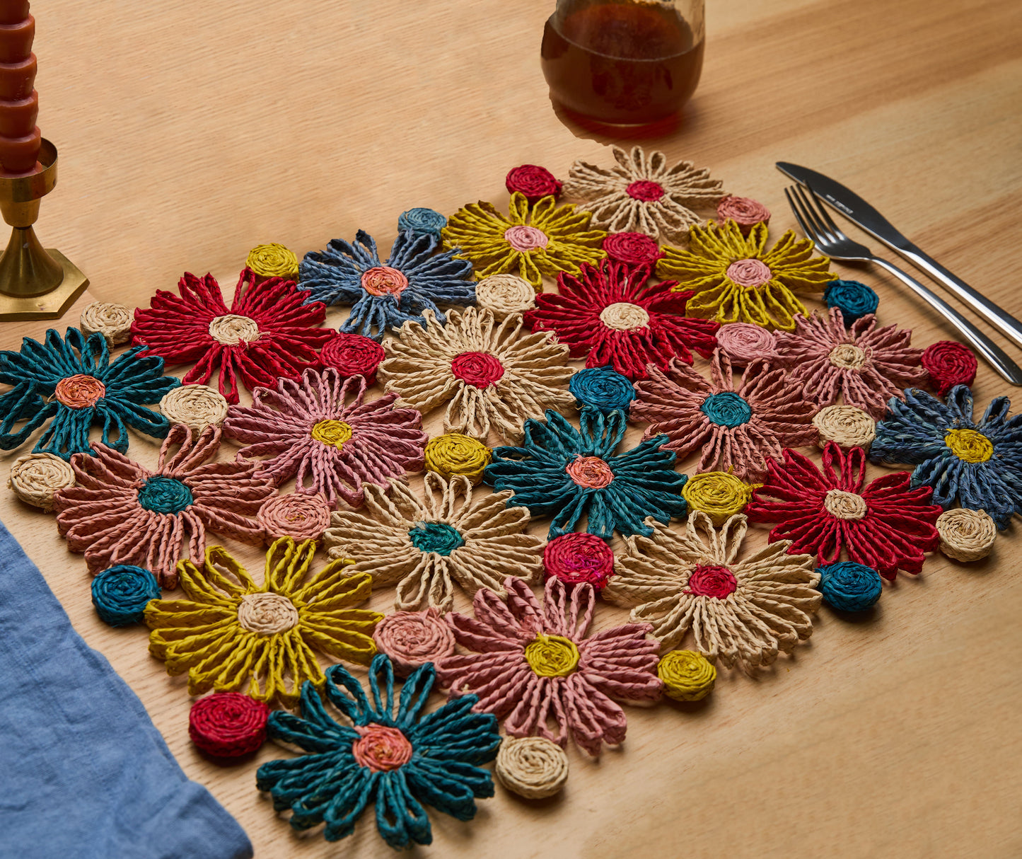 Fleur Raffia placemat, Multicolor Flowers woven tabletop - Tampa Home & Garden Store
