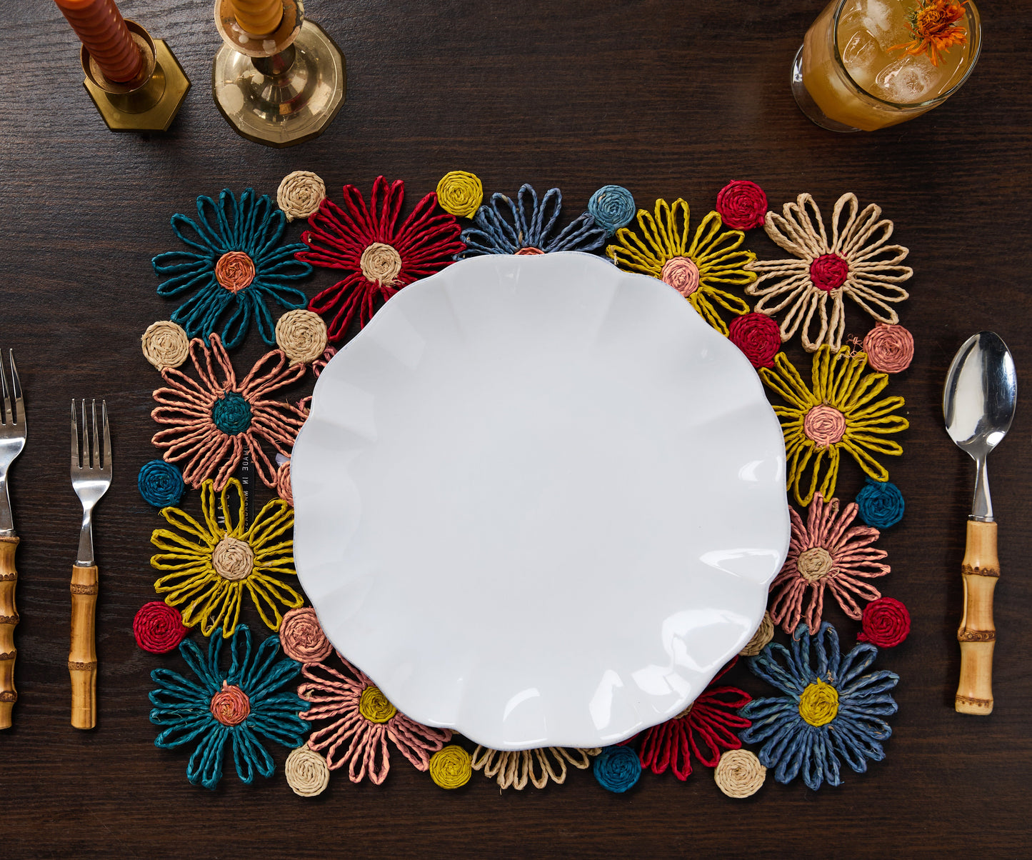 Fleur Raffia placemat, Multicolor Flowers woven tabletop - Tampa Home & Garden Store