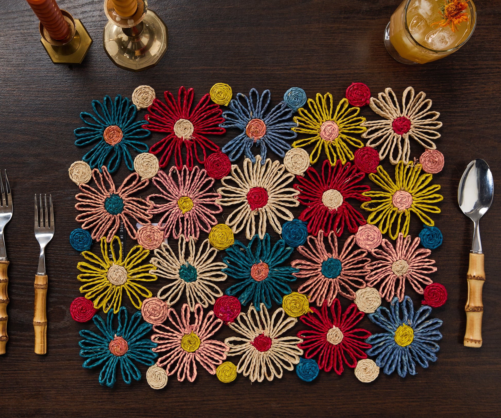 Fleur Raffia placemat, Multicolor Flowers woven tabletop - Tampa Home & Garden Store