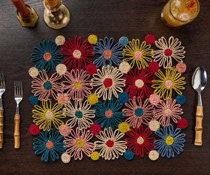 Fleur Raffia placemat, Multicolor Flowers woven tabletop - Tampa Home & Garden Store