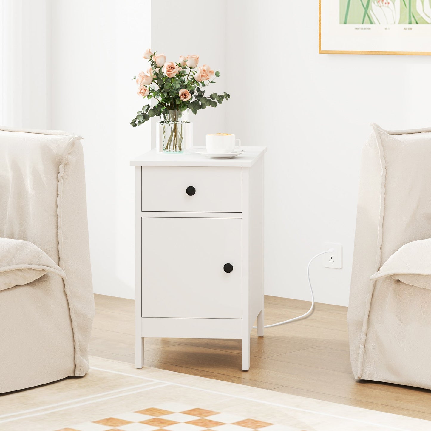 Mesa auxiliar con tapa abatible con estación de carga, puertos USB, enchufes y cajón - Blanca