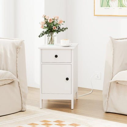 Mesa auxiliar con tapa abatible con estación de carga, puertos USB, enchufes y cajón - Blanca