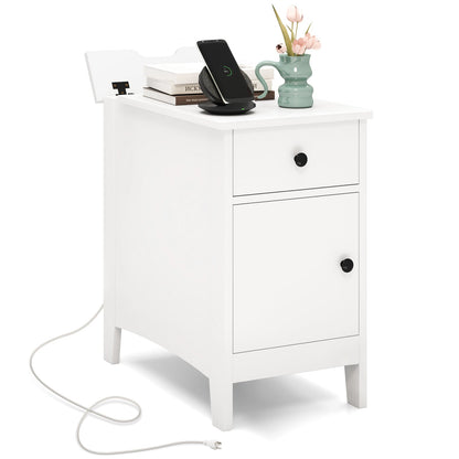 Mesa auxiliar con tapa abatible con estación de carga, puertos USB, enchufes y cajón - Blanca