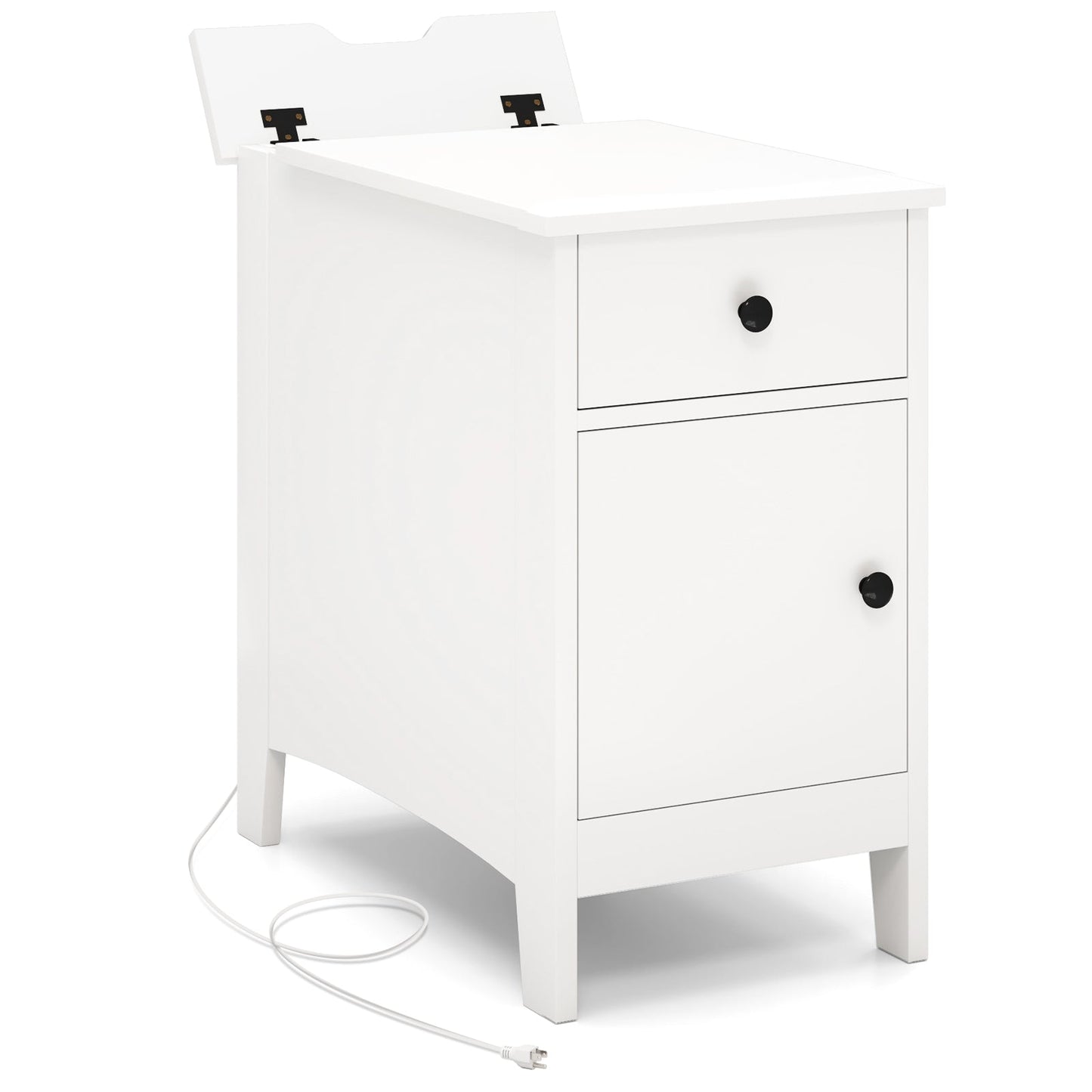 Mesa auxiliar con tapa abatible con estación de carga, puertos USB, enchufes y cajón - Blanca