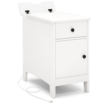 Mesa auxiliar con tapa abatible con estación de carga, puertos USB, enchufes y cajón - Blanca