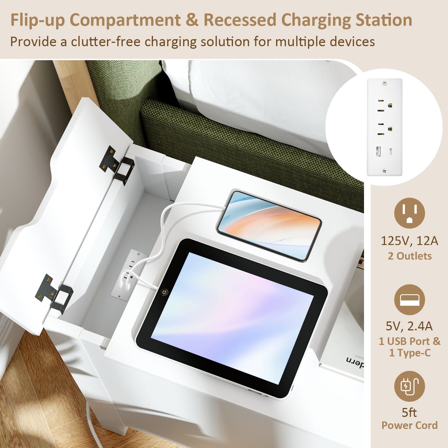 Mesa auxiliar con tapa abatible con estación de carga, puertos USB, enchufes y cajón - Blanca