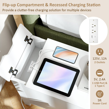 Mesa auxiliar con tapa abatible con estación de carga, puertos USB, enchufes y cajón - Blanca