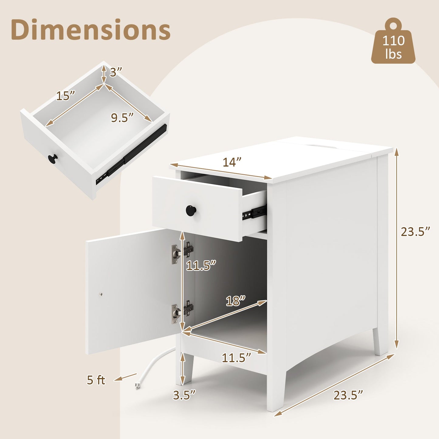Mesa auxiliar con tapa abatible con estación de carga, puertos USB, enchufes y cajón - Blanca