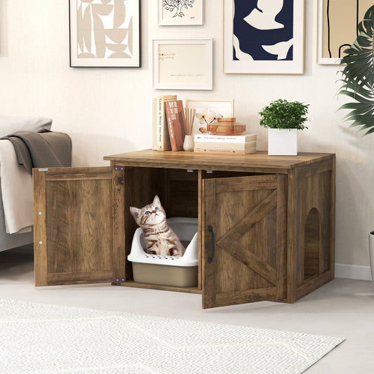Flip Top Hidden Cat Washroom Furniture with Double Barn Doors and Removable Divider - Tampa Home & Garden Store
