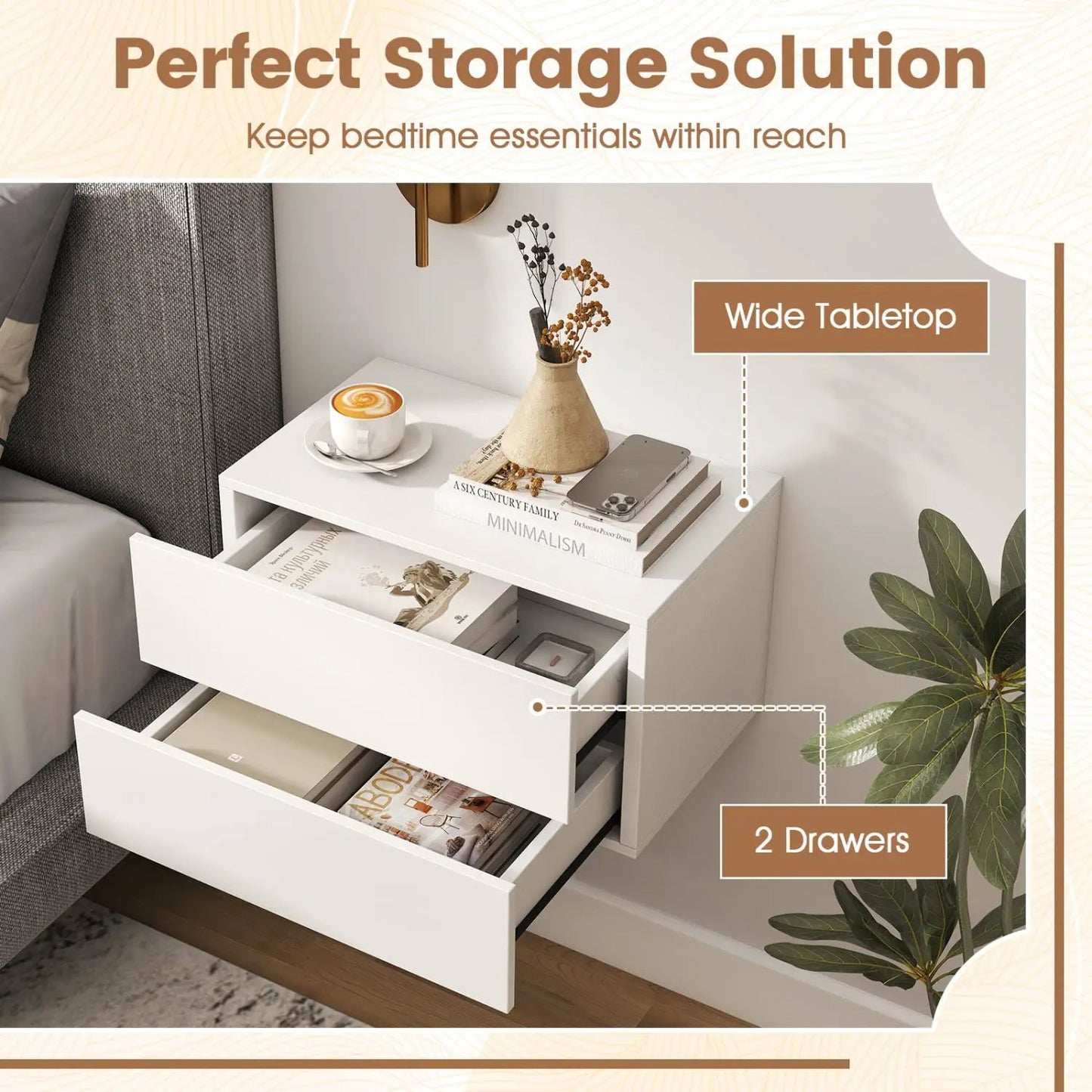 Wall Mounted Floating Nightstand with 2 Drawers