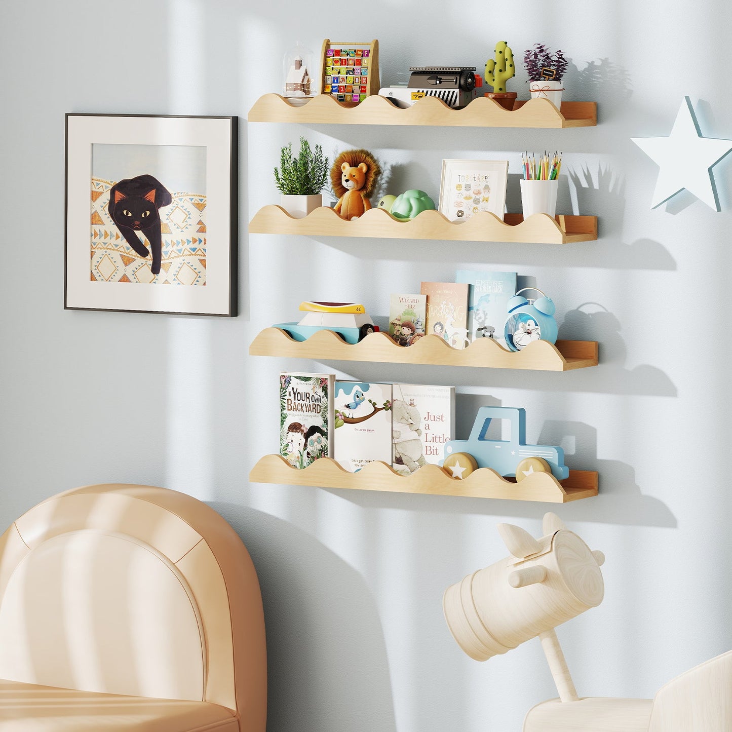 24 Inch Kids Bookshelf Set of 4 Wall-Mounted Picture Ledge Shelf-Natural