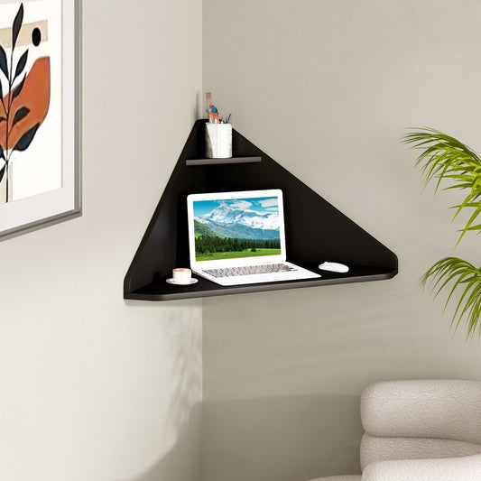 Floating Triangular Corner Computer Desk with Storage Shelf-Black - Tampa Home & Garden Store