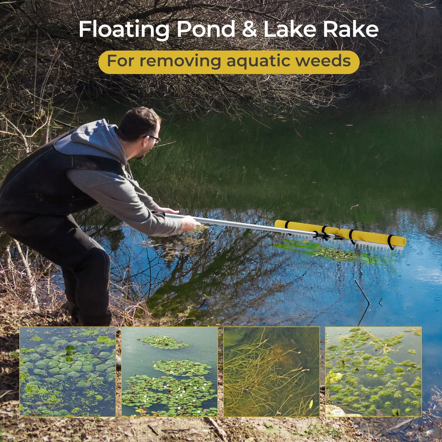 Rastrillo flotante para maleza de lago de 36" Cortador de maleza acuática para estanques con flotadores de espuma