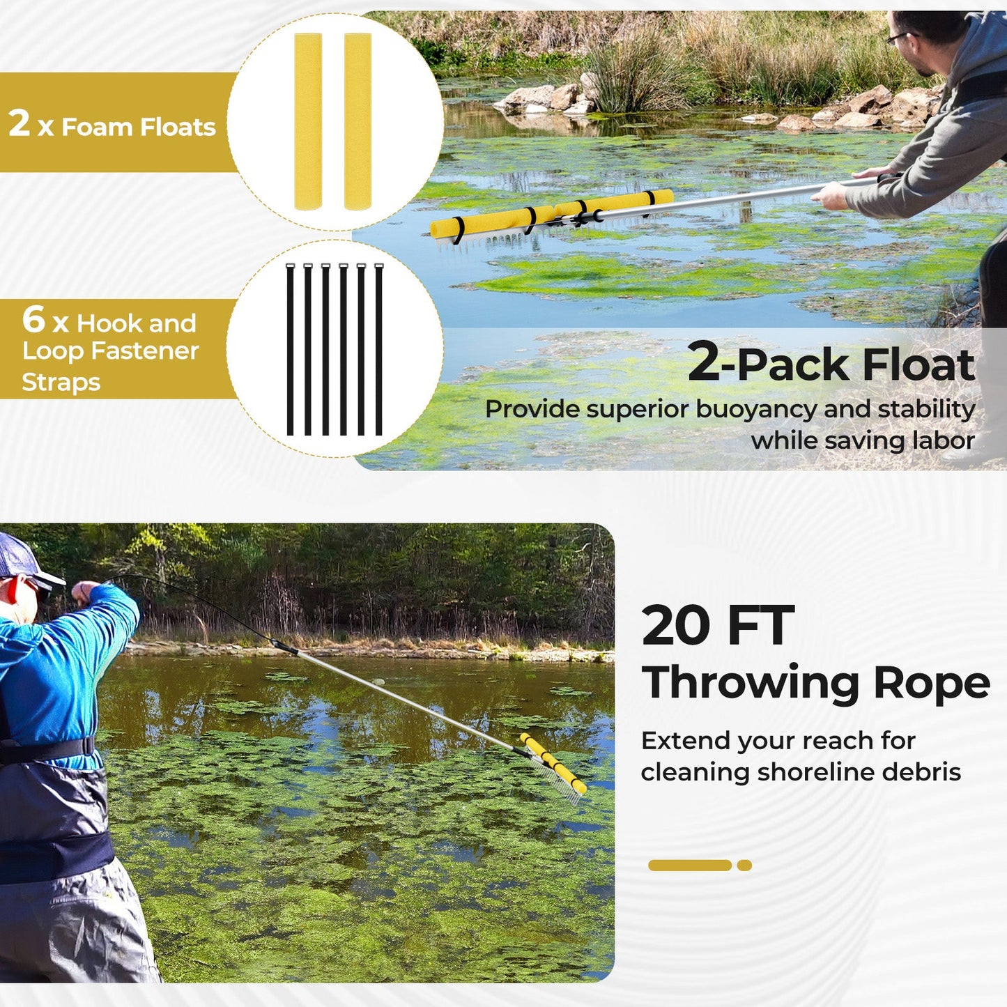 Rastrillo flotante para maleza de lago de 36" Cortador de maleza acuática para estanques con flotadores de espuma