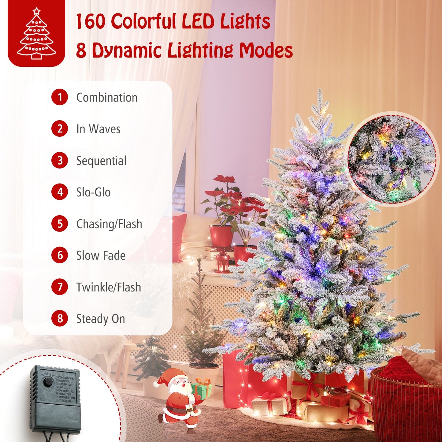 7 ft DirectDeals flocked artificial Christmas tree with multicolor LED lights and 8 lighting modes in a festive living room on Tampa Home & Garden Store