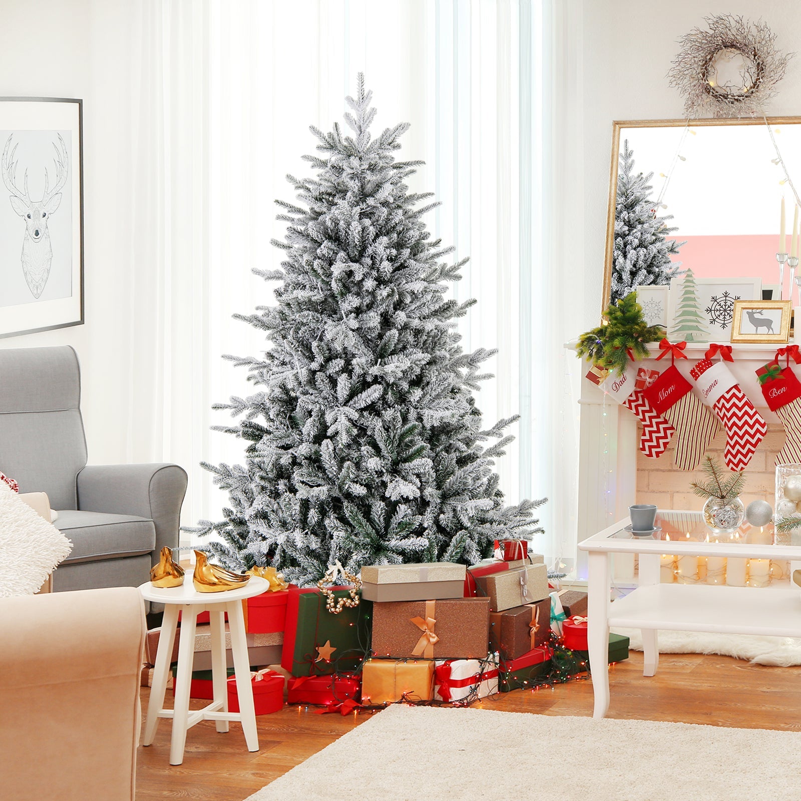 7 ft flocked Christmas tree with 8 lighting modes and multicolor LEDs in a cozy living room on Tampa Home & Garden Store