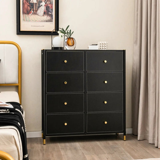 8-Drawer Fabric Dresser with Metal Frame by DirectDeals, black fabric drawers with gold knobs in a 2x4 layout on Tampa Home & Garden Store