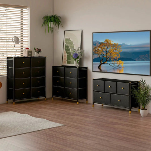 8-drawer fabric dressers set by DirectDeals with black fabric drawers and gold metal frames on Tampa Home & Garden Store