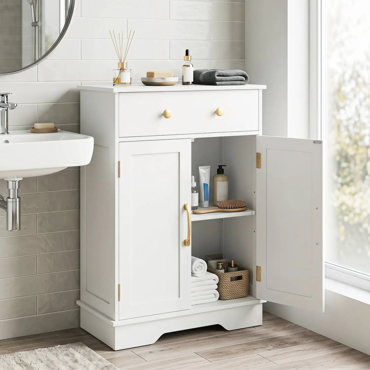 Floor Storage Cabinet With Drawer and Shelves