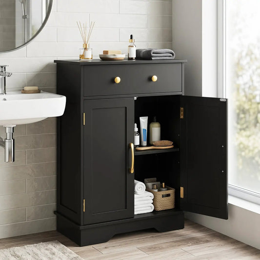 Floor Storage Cabinet with Drawer and Adjustable Shelf in black with gold knobs by DirectDeals on Tampa Home & Garden Store