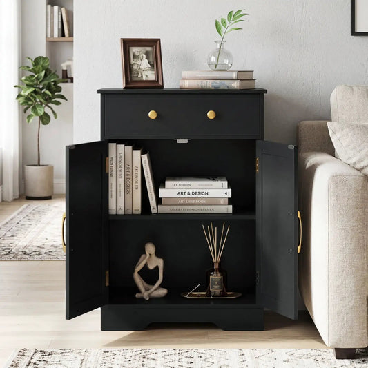 Floor storage cabinet by DirectDeals in black with a top drawer and adjustable shelf brass knobs on Tampa Home & Garden Store
