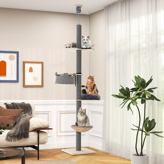 Floor to Ceiling Cat Tree with 93 Inch-107 Inch Adjustable Height-Gray - Tampa Home & Garden Store