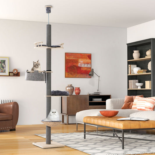 Floor to Ceiling Cat Tree with 93 Inch-107 Inch Adjustable Height-Gray - Tampa Home & Garden Store