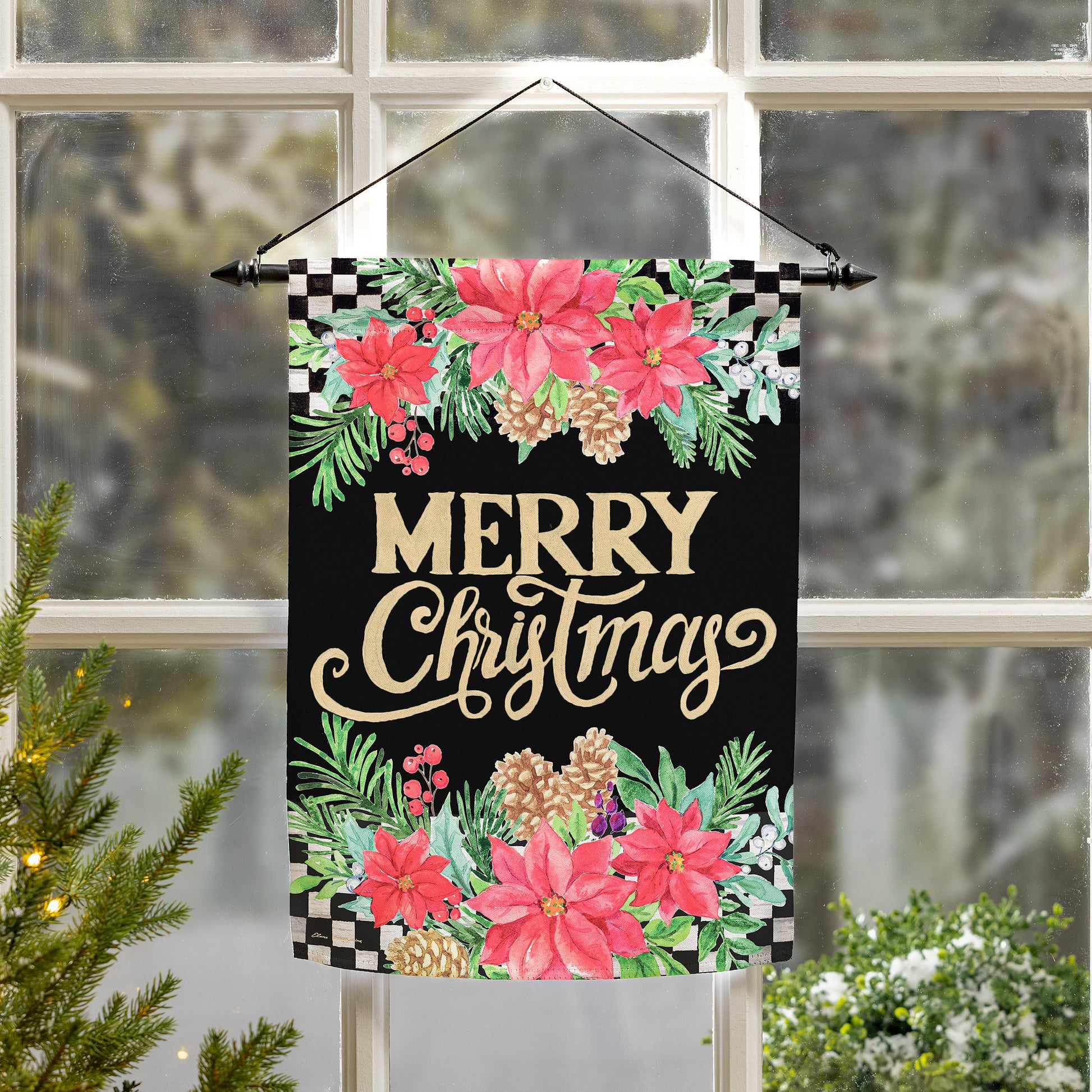 Floral Checkered Merry Christmas Suede Garden Flag - Tampa Home & Garden Store
