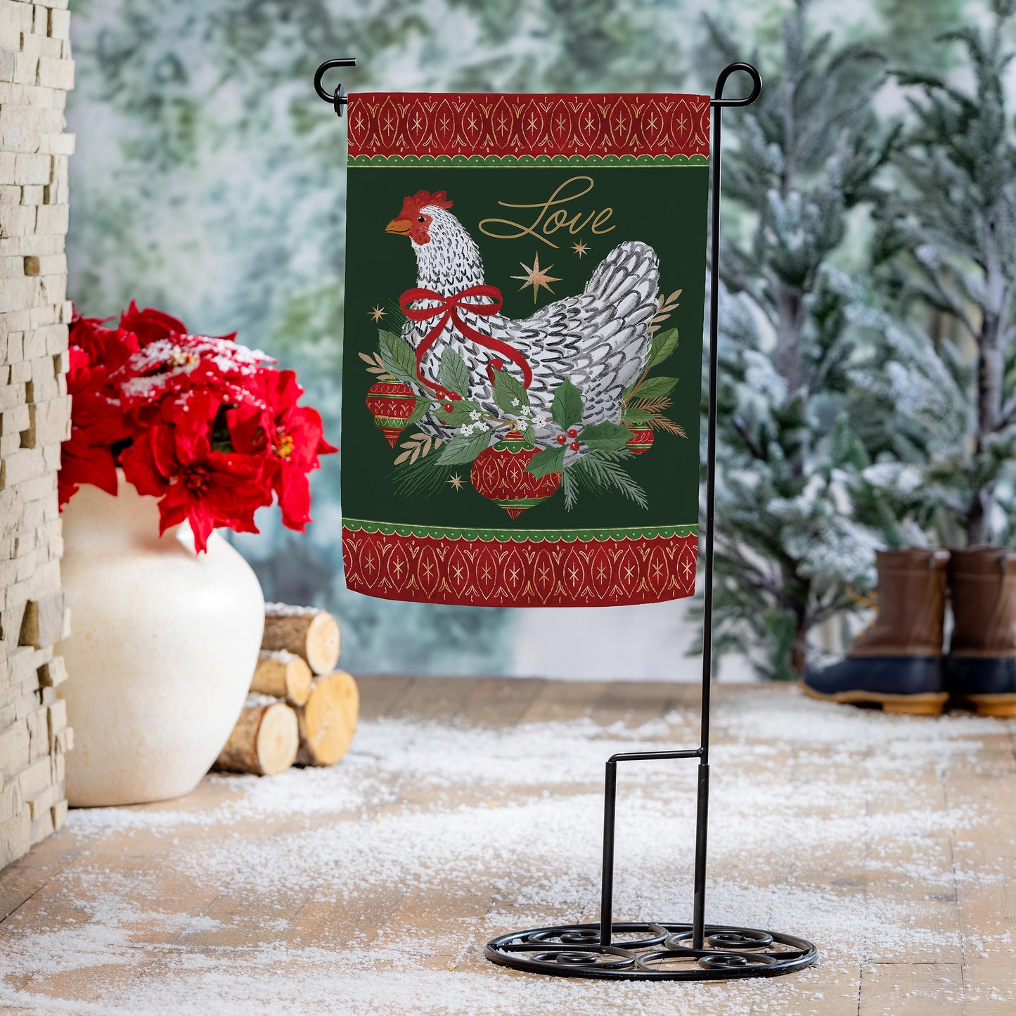 Floral Christmas Chicken Suede Garden Flag - Tampa Home & Garden Store