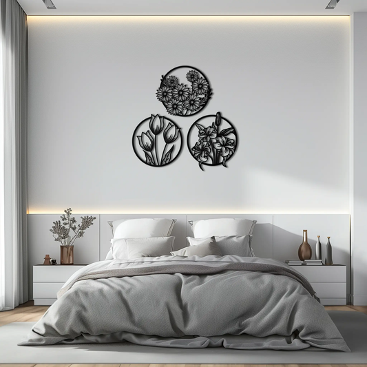 Floral Harmony Metal Wall Art - Set of Three Elegant Botanical Designs - KAF223 - Tampa Home & Garden Store