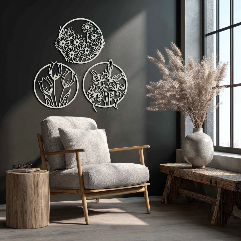 Floral Harmony Metal Wall Art - Set of Three Elegant Botanical Designs - KAF223 - Tampa Home & Garden Store