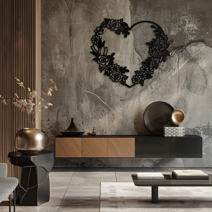 Floral Heart Metal Wall Art - Elegant Steel Rose Wreath - KAF107 - Tampa Home & Garden Store