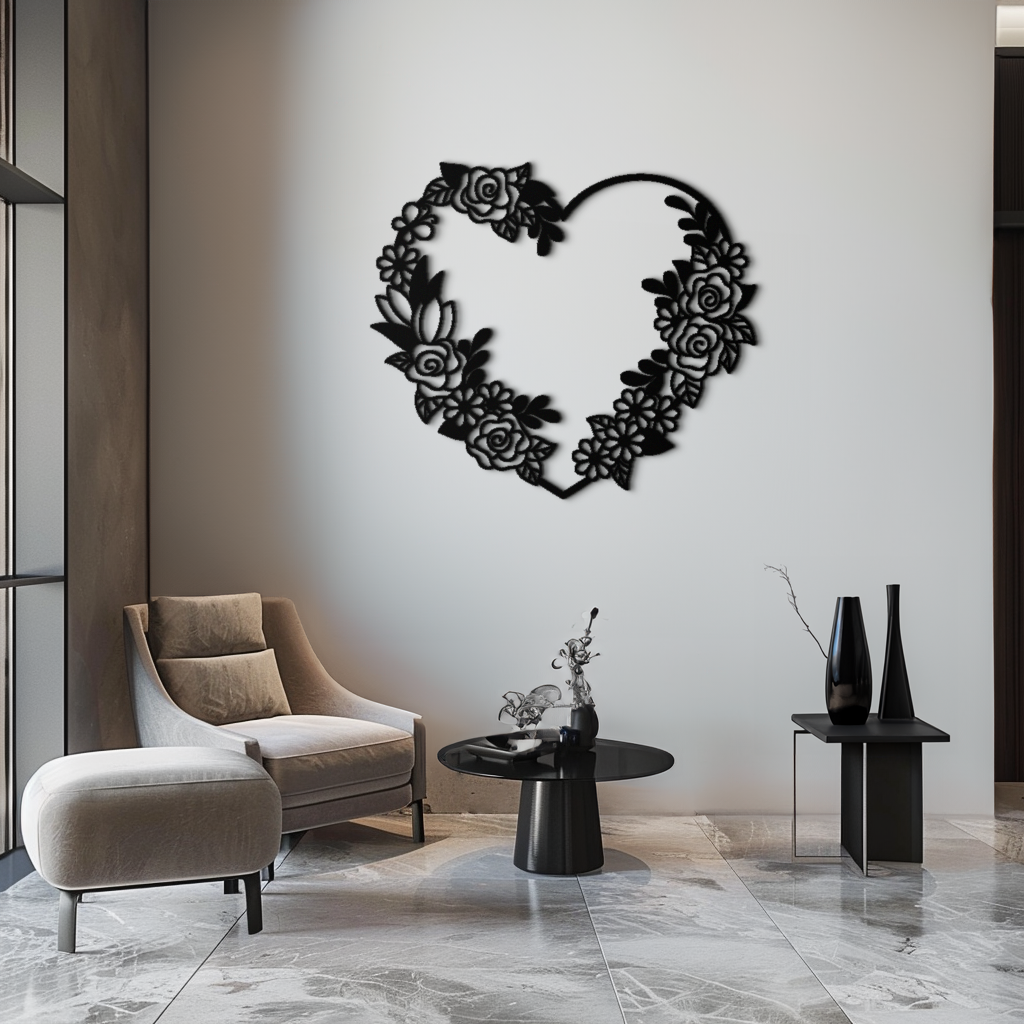 Floral Heart Metal Wall Art - Elegant Steel Rose Wreath - KAF107 - Tampa Home & Garden Store