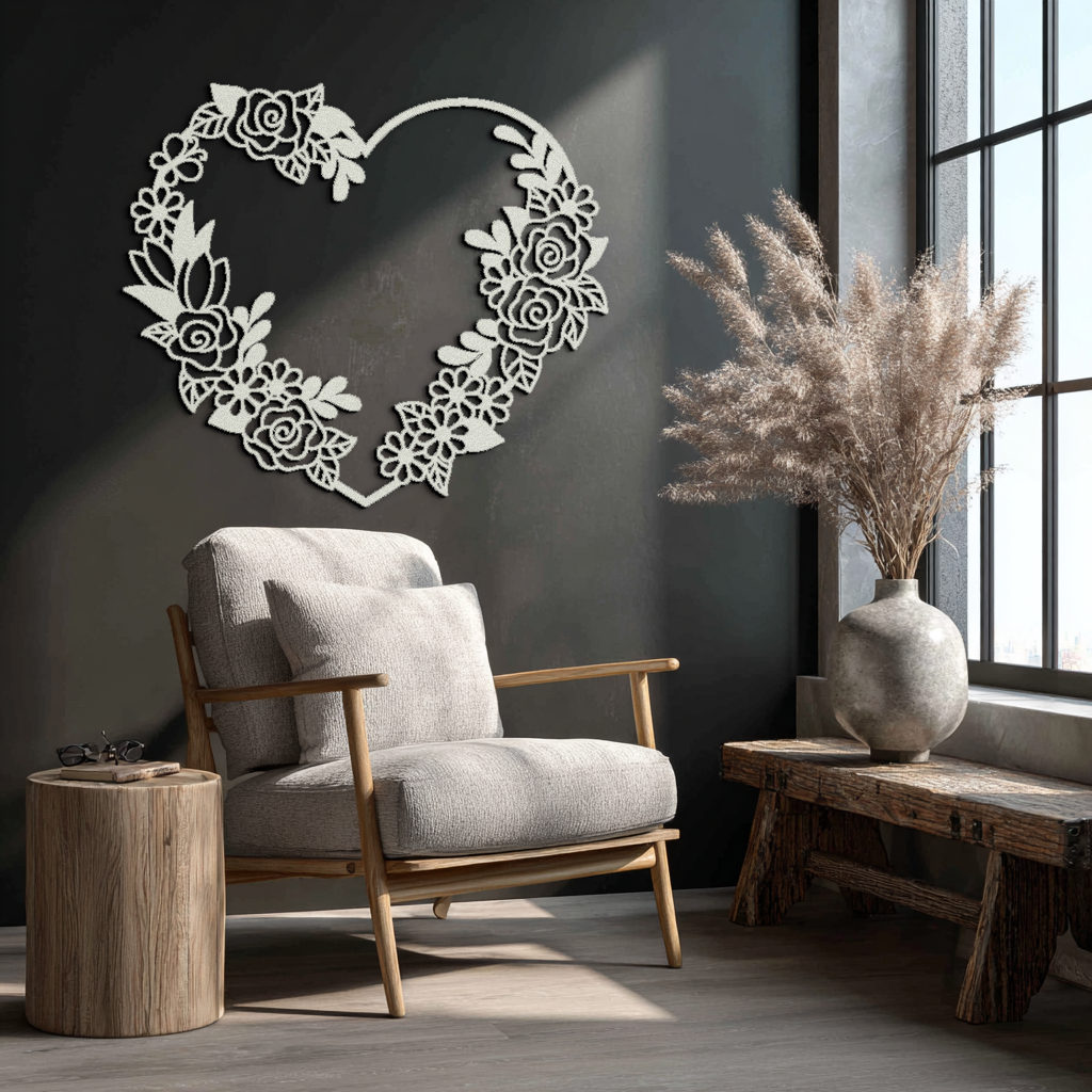 Floral Heart Metal Wall Art - Elegant Steel Rose Wreath - KAF107 - Tampa Home & Garden Store