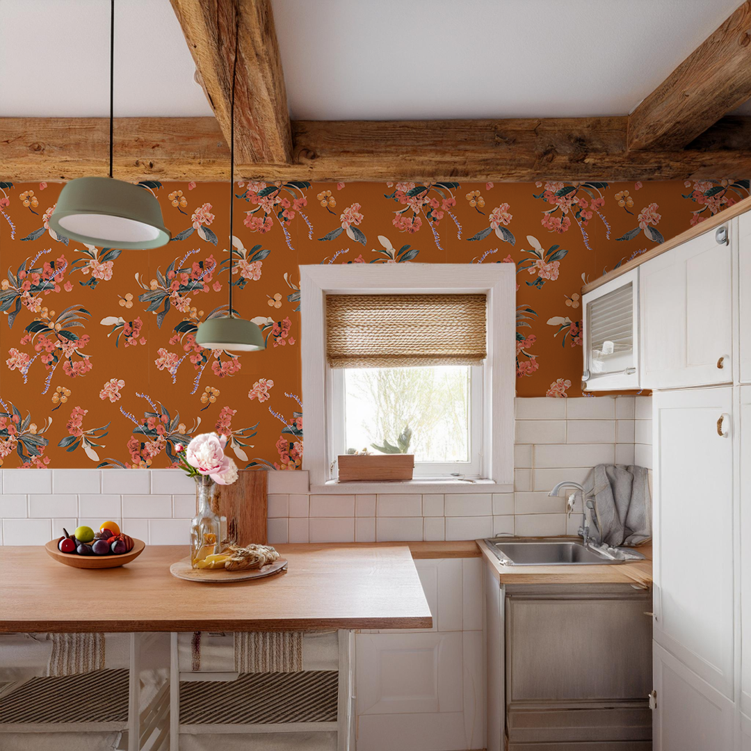 Floral Loquat Wallpaper, rust - Tampa Home & Garden Store