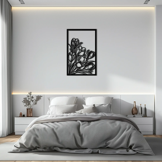 Floral Metal Wall Art panel with black botanical cutout in a tall frame on Tampa Home & Garden Store