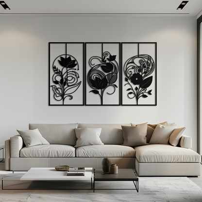 Floral Panel Trio Metal Wall Art - Elegant Black Botanical Wall Decor Set- KAF317 - Tampa Home & Garden Store