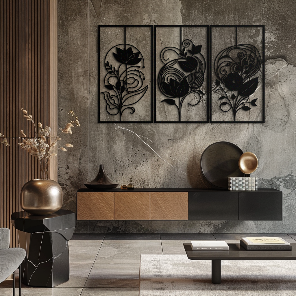 Floral Panel Trio Metal Wall Art - Elegant Black Botanical Wall Decor Set- KAF317 - Tampa Home & Garden Store