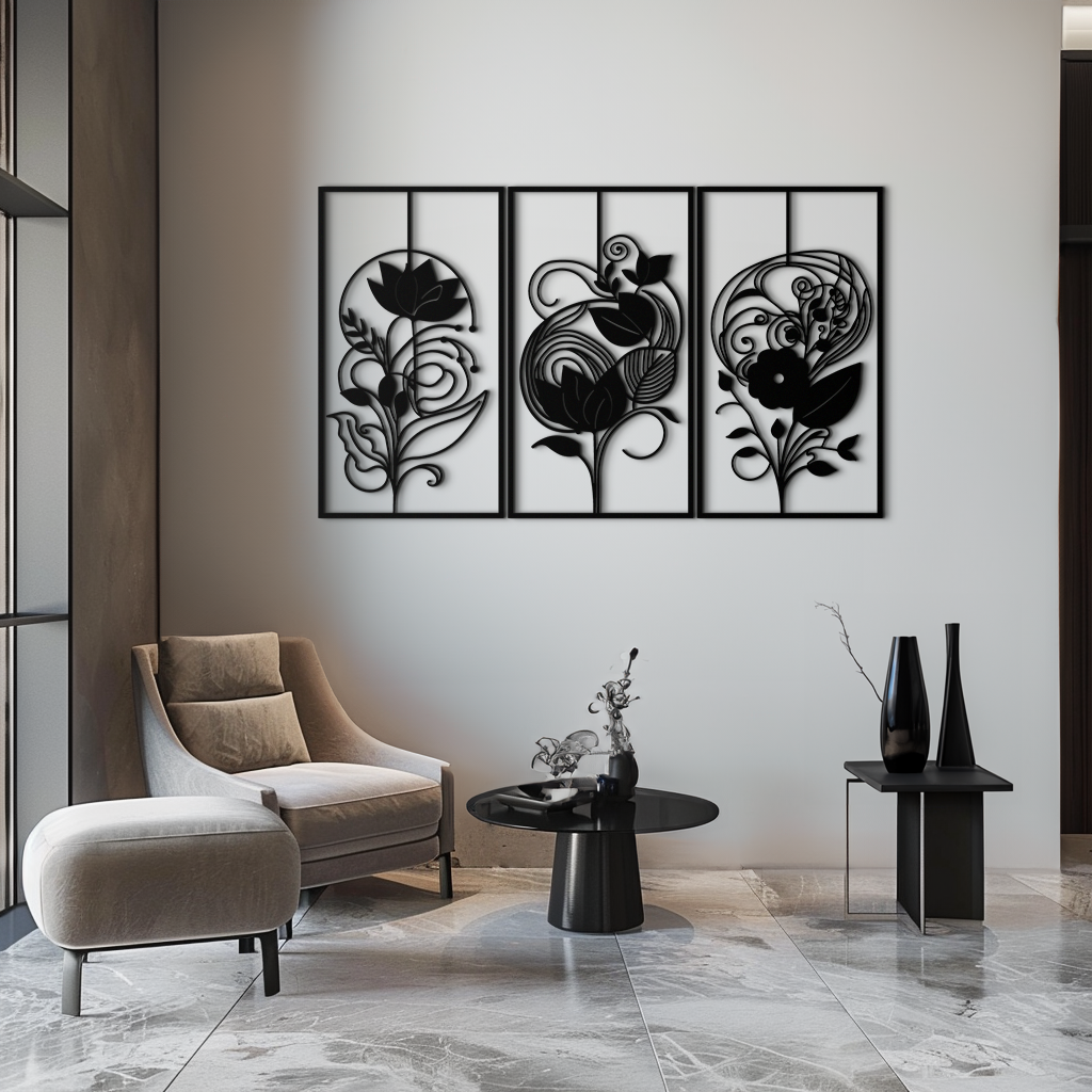Floral Panel Trio Metal Wall Art - Elegant Black Botanical Wall Decor Set- KAF317 - Tampa Home & Garden Store