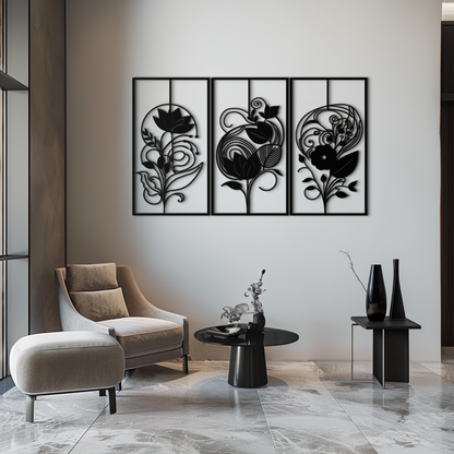 Floral Panel Trio Metal Wall Art - Elegant Black Botanical Wall Decor Set- KAF317 - Tampa Home & Garden Store