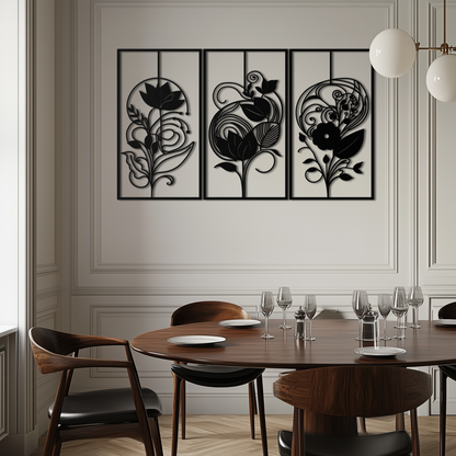 Floral Panel Trio Metal Wall Art - Elegant Black Botanical Wall Decor Set- KAF317 - Tampa Home & Garden Store
