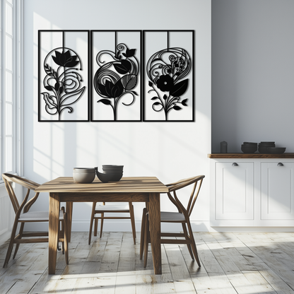 Floral Panel Trio Metal Wall Art - Elegant Black Botanical Wall Decor Set- KAF317 - Tampa Home & Garden Store
