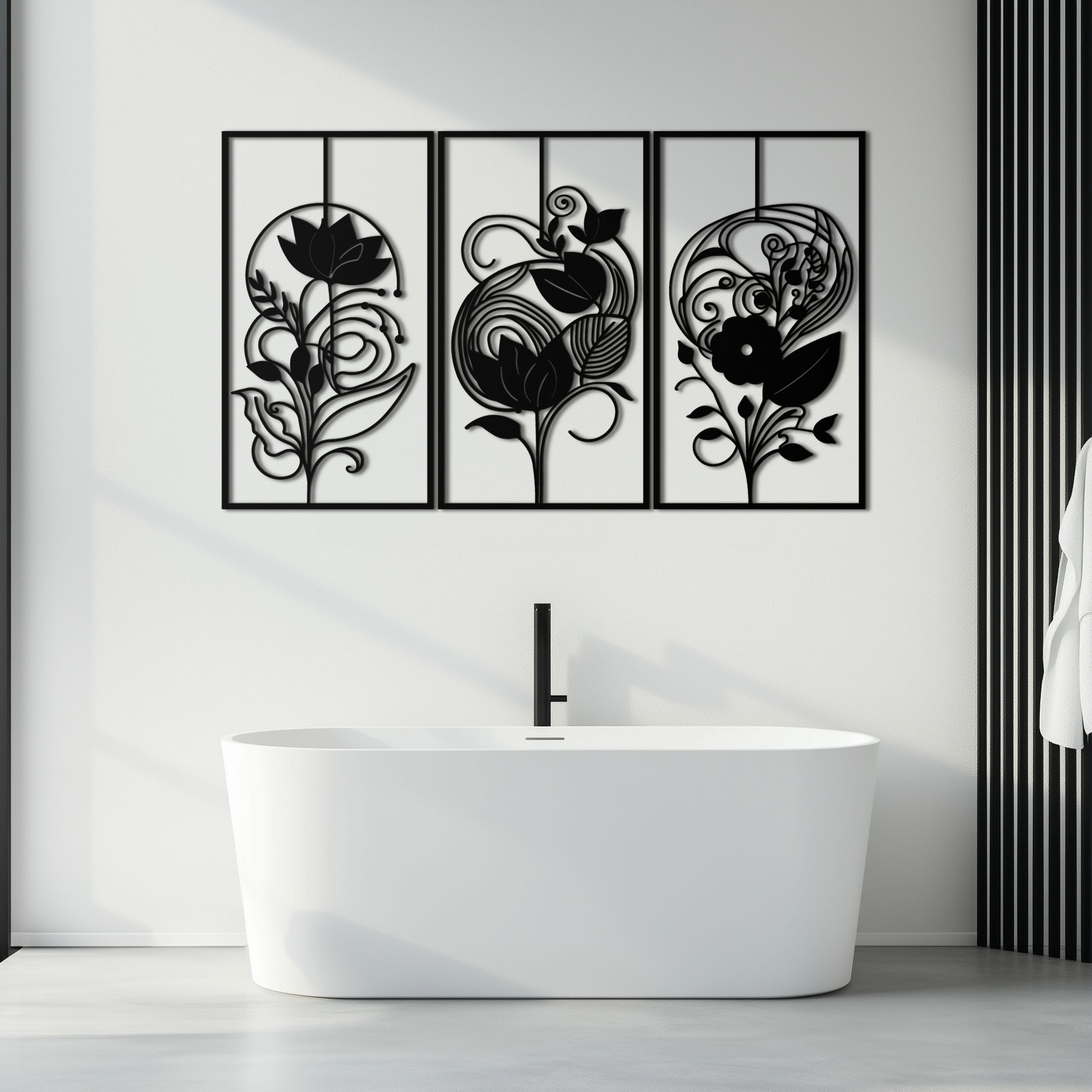Floral Panel Trio Metal Wall Art - Elegant Black Botanical Wall Decor Set- KAF317 - Tampa Home & Garden Store