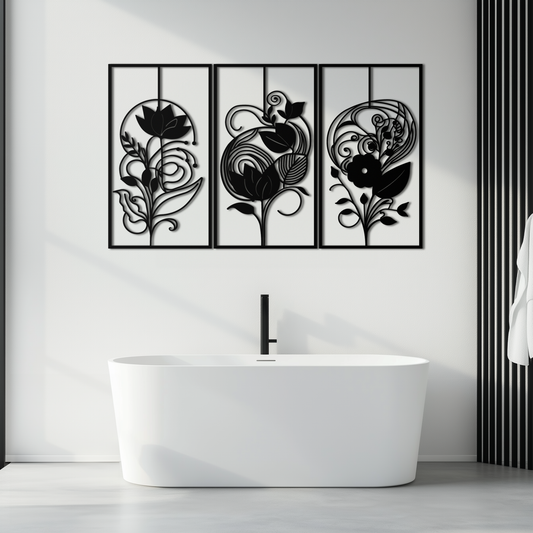 Floral Panel Trio Metal Wall Art - Elegant Black Botanical Wall Decor Set- KAF317 - Tampa Home & Garden Store